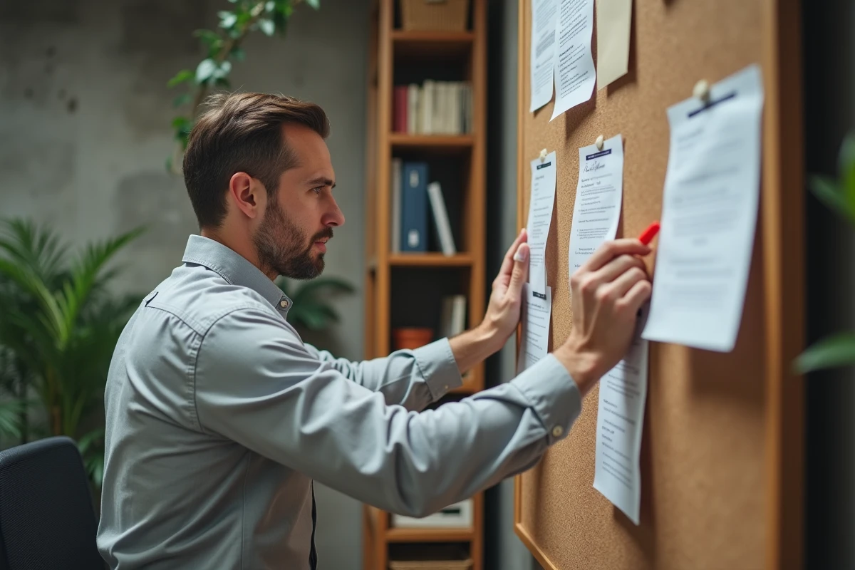 Responsable marketing B2B analysant des verbatims clients affichés sur un tableau de liège, soulignant des phrases clés pour extraire des insights stratégiques