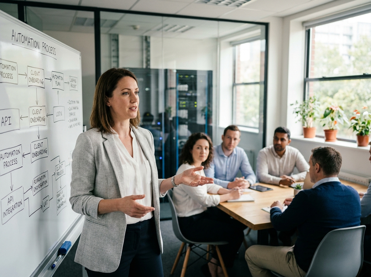 Responsable MSP présentant une stratégie d'automatisation des processus à son équipe technique