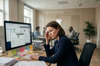 Responsable RH débordée entourée de CV papier et d'écrans d'ordinateur dans un bureau moderne, illustrant le besoin d'une plateforme de recrutement