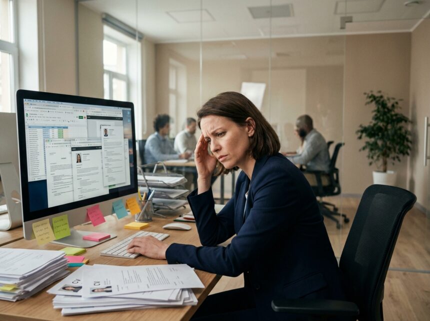 Responsable RH débordée entourée de CV papier et d'écrans d'ordinateur dans un bureau moderne, illustrant le besoin d'une plateforme de recrutement
