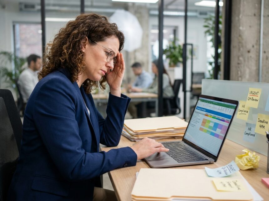 Responsable RH débordée gérant un planning de formation professionnelle sur ordinateur dans un open space