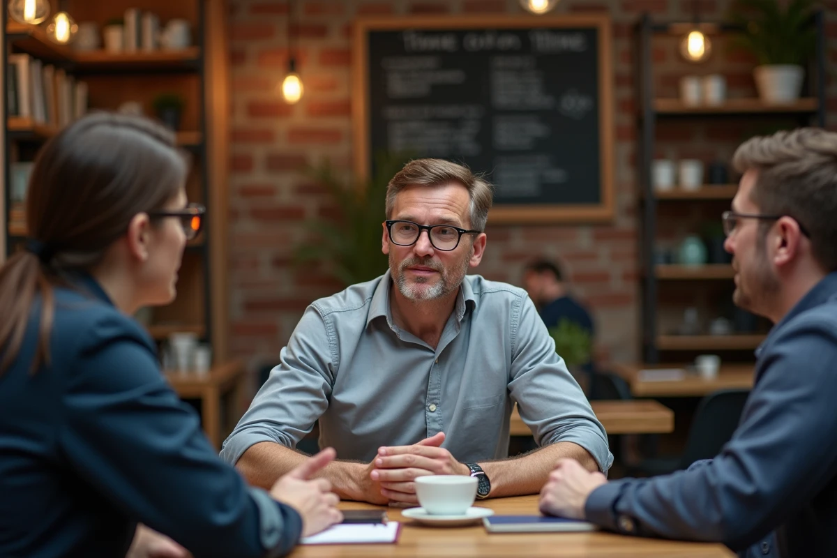 Groupe de collègues discutant stratégie dans un café chaleureux
