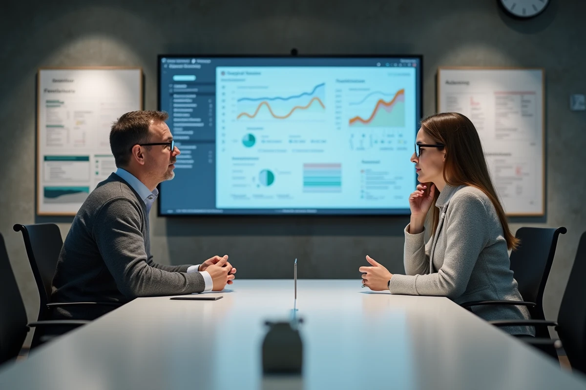 Homme et femme discutant devant un écran interactif en réunion