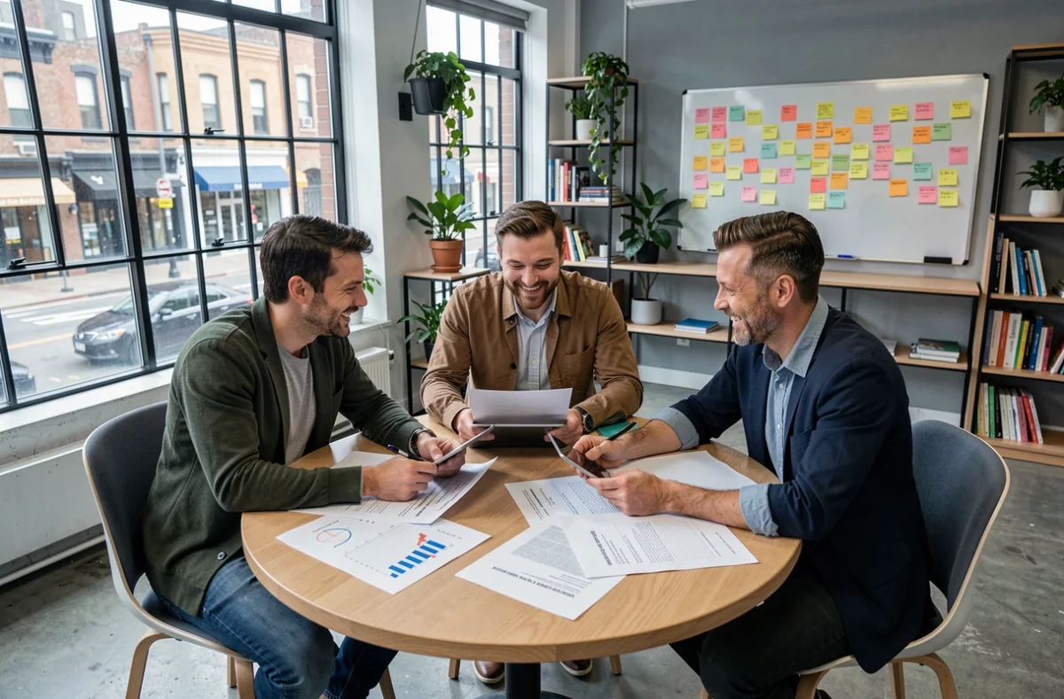 Groupe de travailleurs indépendants en réunion collaborative autour d'une table ronde dans un espace de coworking lumineux