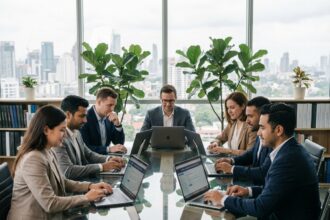 Groupe de professionnels concentrés lors d'une réunion d'entreprise