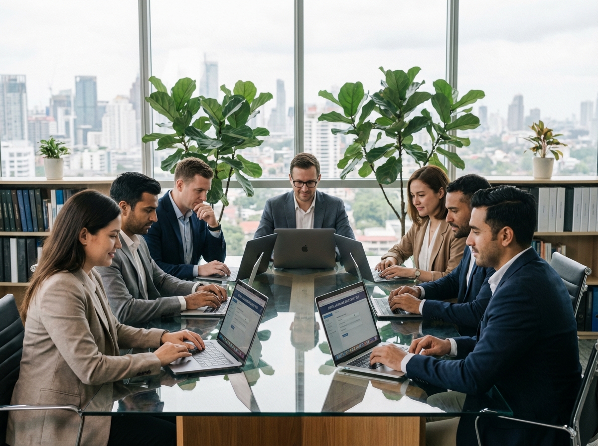 Groupe de professionnels concentrés lors d'une réunion d'entreprise