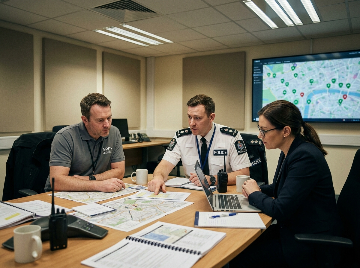 Réunion de coordination entre superviseur de sécurité privée et officier de police nationale dans une salle opérationnelle