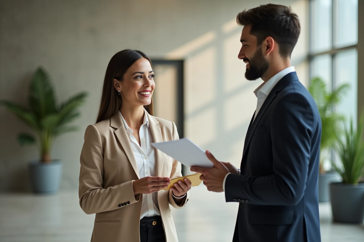 Secretaire remettant un document à un employé dans un bureau moderne