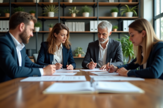 Groupe de professionnels en réunion d'affaires signant des documents