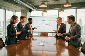 Équipe de direction réunie autour d'une table de conférence pour aligner la stratégie de digitalisation de l'entreprise