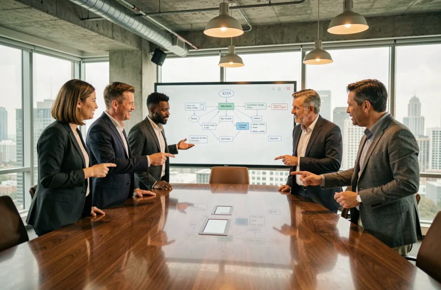 Équipe de direction réunie autour d'une table de conférence pour aligner la stratégie de digitalisation de l'entreprise