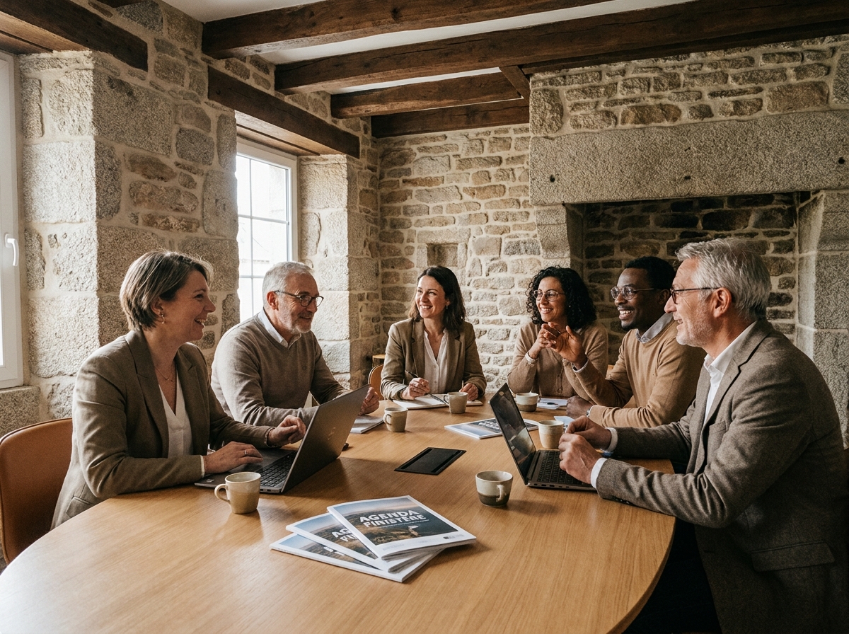 Groupe de professionnels en réunion collaborative dans une salle de séminaire aux murs en granit breton, Finistère