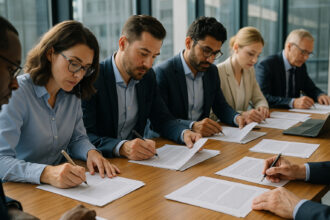 Groupe de professionnels en réunion dans un bureau lumineux