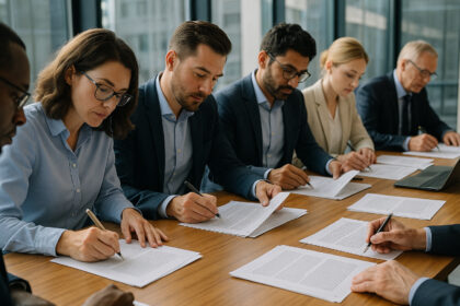 Groupe de professionnels en réunion dans un bureau lumineux