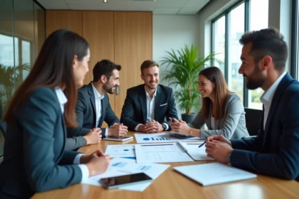 Groupe de professionnels en réunion dans un bureau lumineux