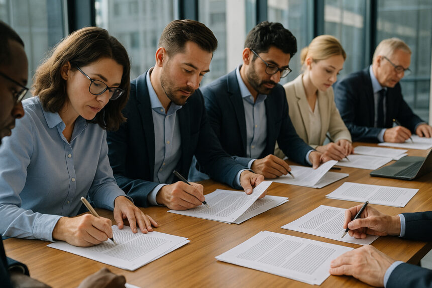 Groupe de professionnels en réunion dans un bureau lumineux