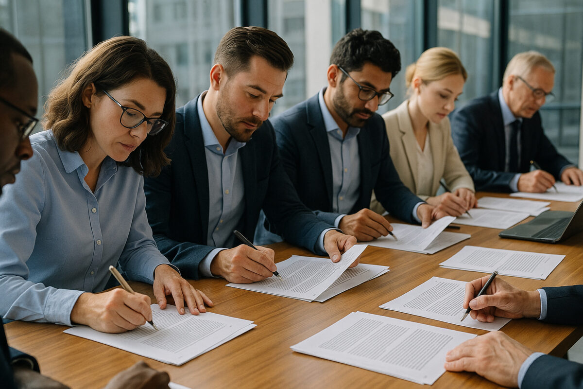 Groupe de professionnels en réunion dans un bureau lumineux