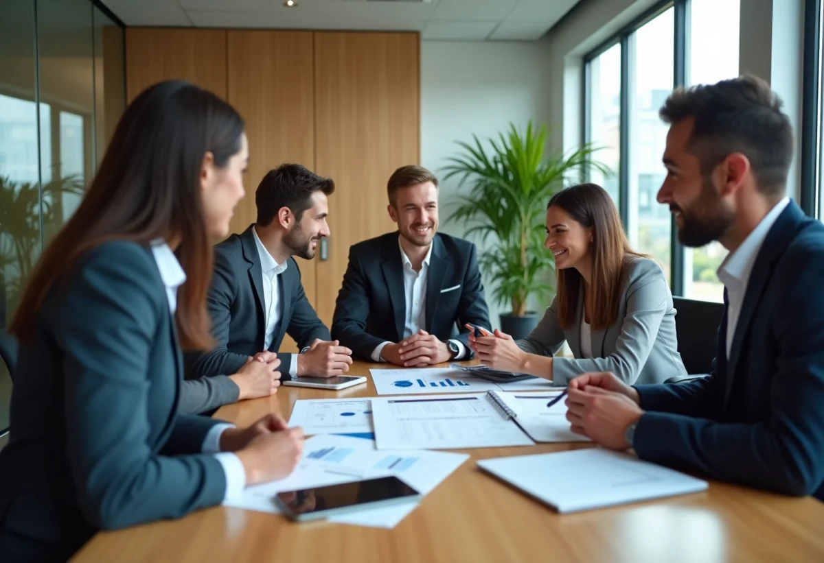 Groupe de professionnels en réunion dans un bureau lumineux