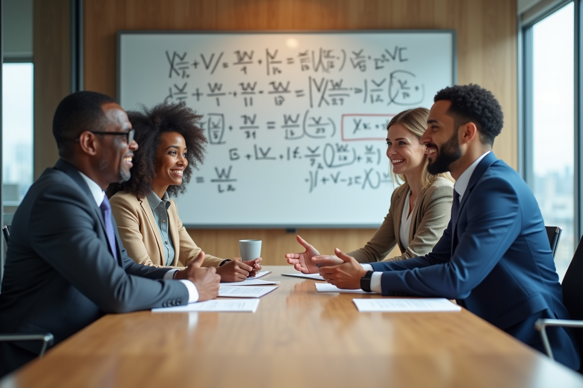 Groupe de professionnels en réunion dans une salle moderne