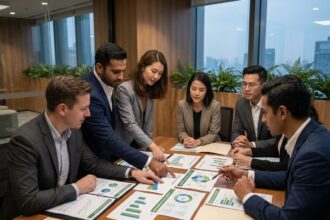 Groupe de professionnels en réunion autour de documents énergétiques