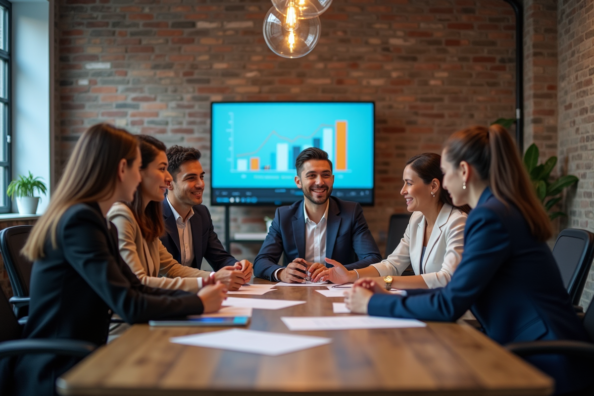 Groupe de professionnels discutant stratégie marketing en réunion