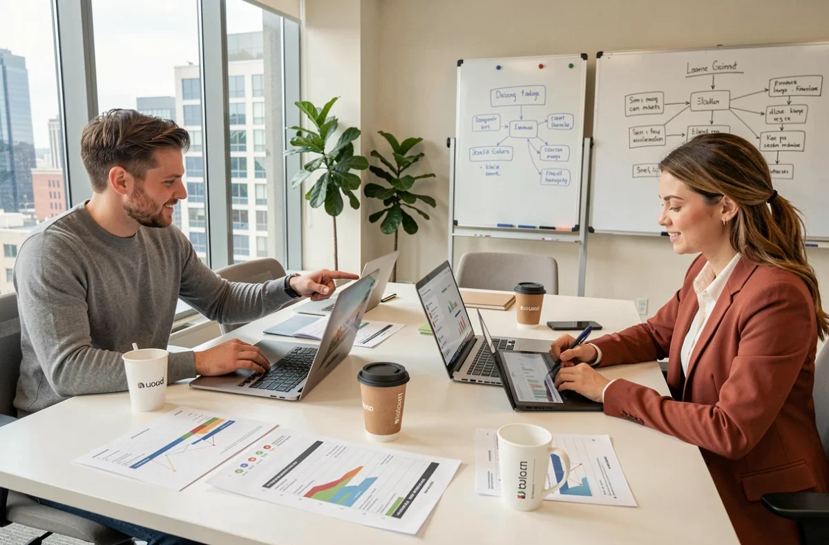 Équipe d'annonceurs en réunion de stratégie média digitale autour d'un tableau de bord programmatique en agence