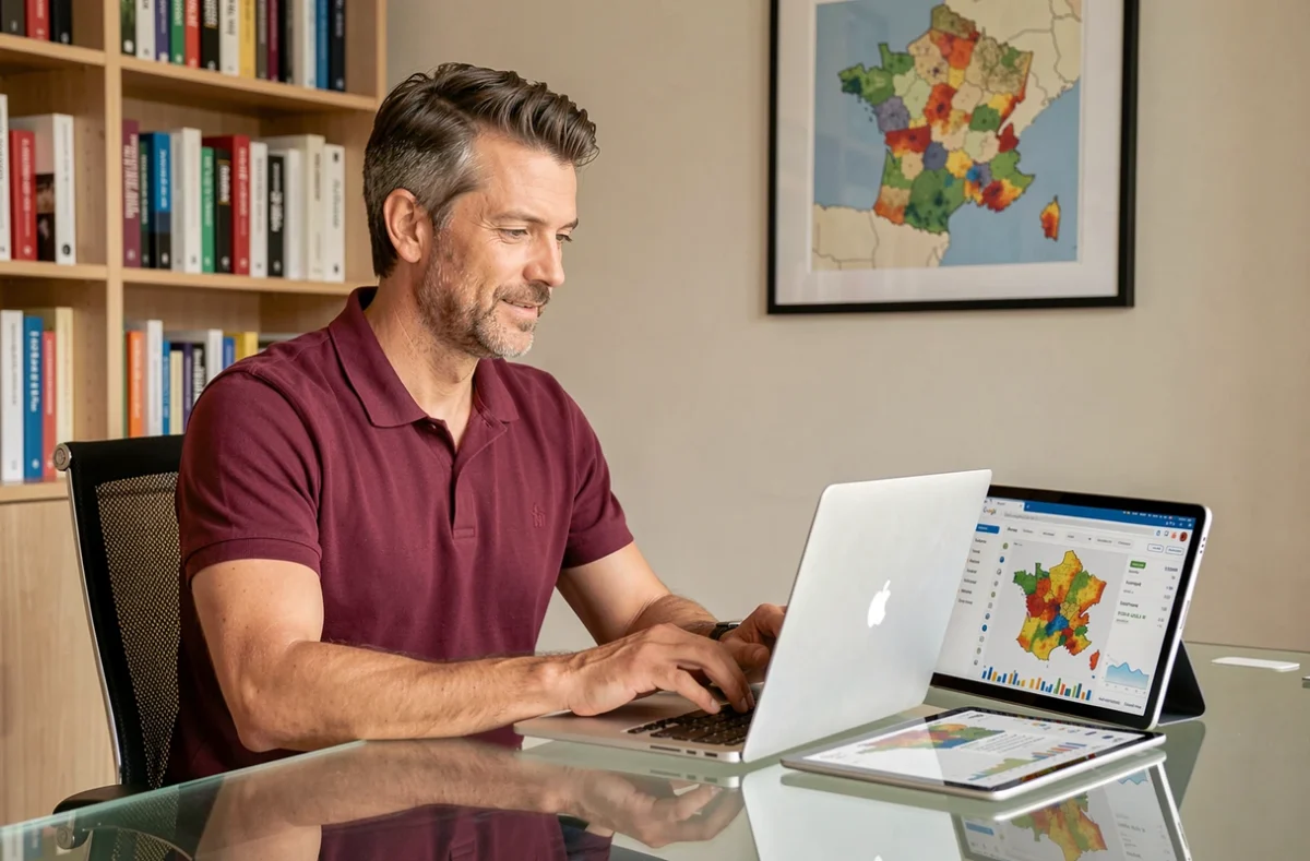 Consultant indépendant Rouge Hexagone analysant des campagnes Google Ads externalisées pour la région Auvergne-Rhône-Alpes sur ordinateur portable et tablette