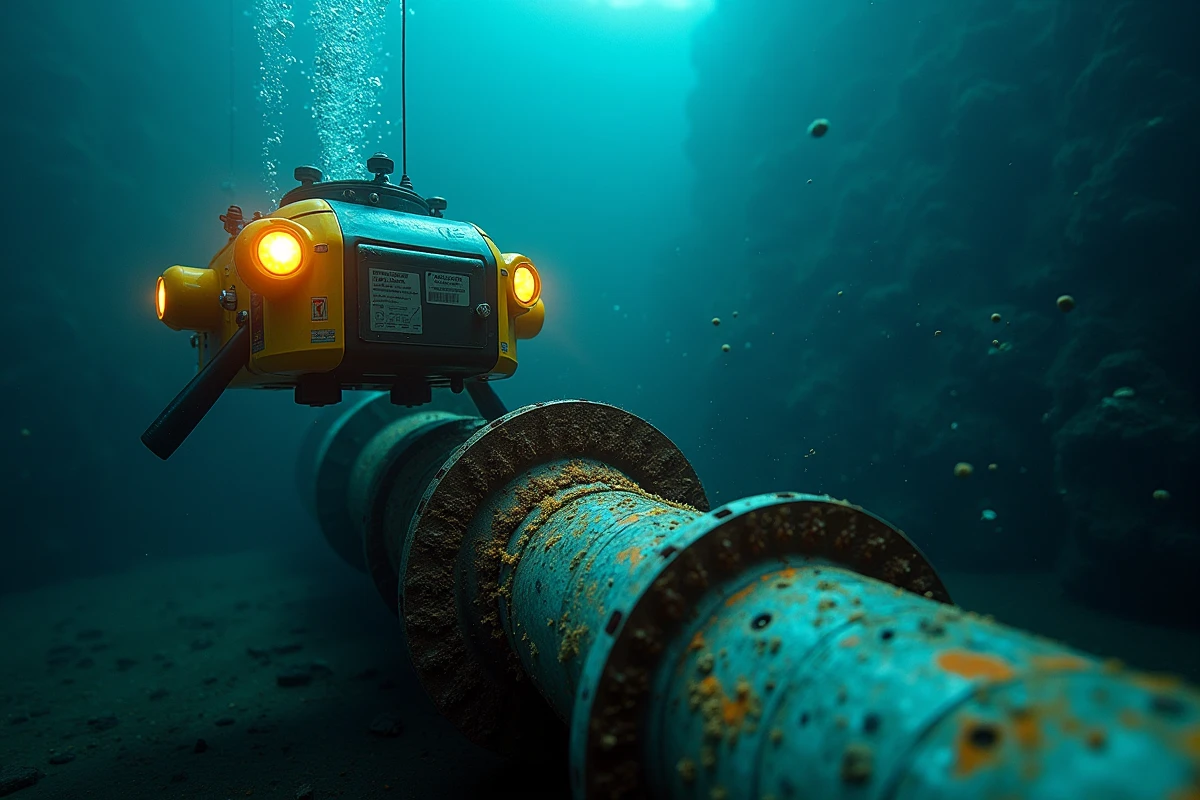 ROV sous-marin en opération d'inspection d'un pipeline en eaux profondes avec bras manipulateur