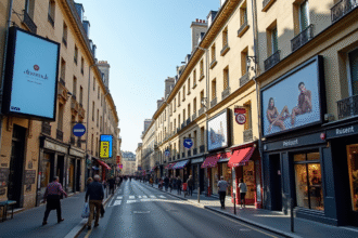 Rue parisienne avec panneaux publicitaires réglementes