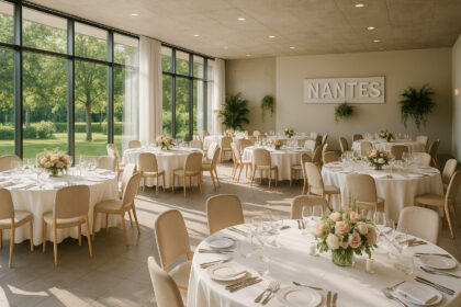 Salle moderne ensoleillee a Nantes avec tables rondes elegantes