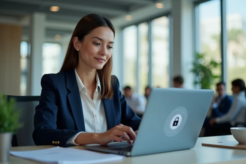 Professionnelle sécurisant son compte bancaire Alis BNP sur un ordinateur portable en open-space