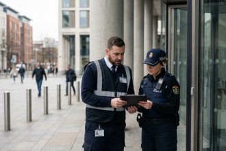 Agent de sécurité privée et policière nationale consultant des documents ensemble devant un bâtiment public moderne