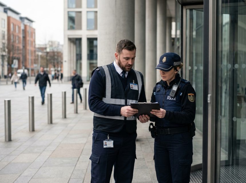 Agent de sécurité privée et policière nationale consultant des documents ensemble devant un bâtiment public moderne