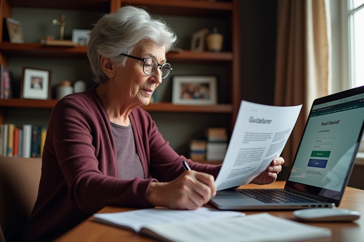 Femme senior consultant les consignes de sécurité de son compte Alis BNP à domicile