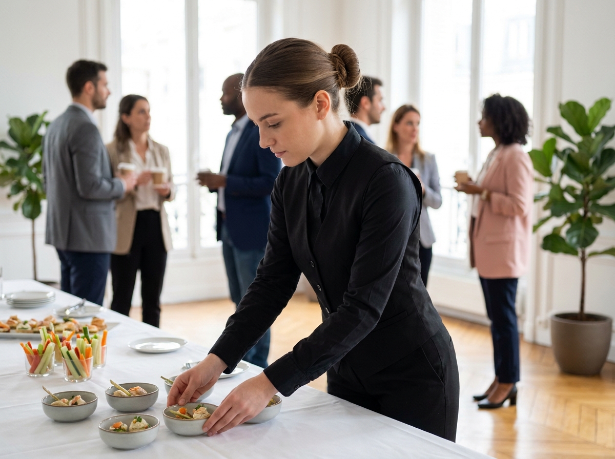Jeune femme serveuse préparant des amuse-bouches