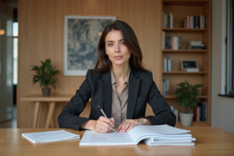 Femme signant des contrats de copyright dans un bureau moderne