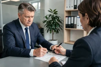 Employé en costume hésitant à signer un document de rupture conventionnelle face à un responsable RH dans un bureau d'entreprise moderne