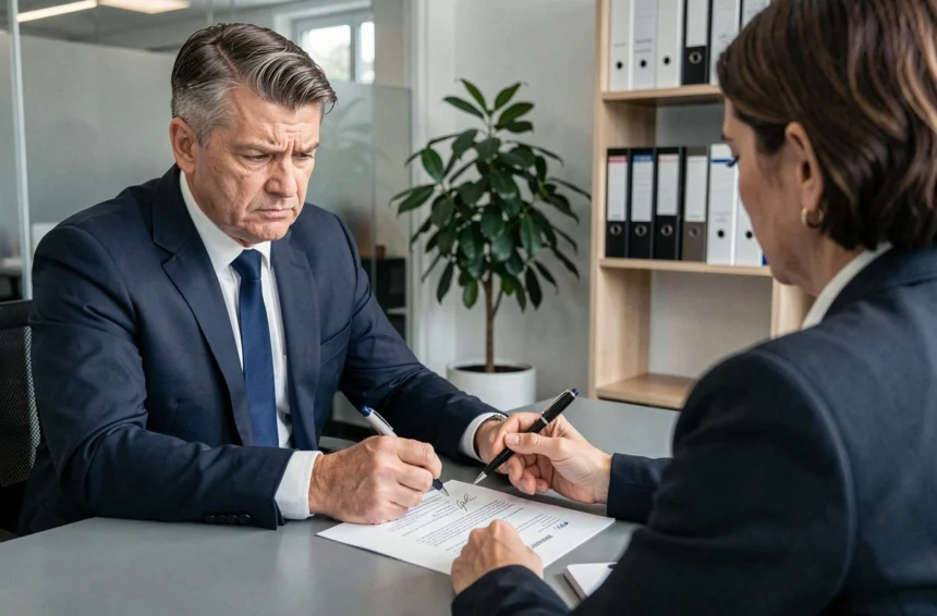 Employé en costume hésitant à signer un document de rupture conventionnelle face à un responsable RH dans un bureau d'entreprise moderne