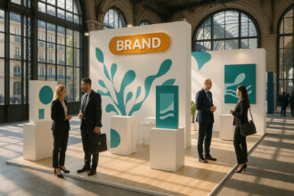 Photo d'un stand d'exposition moderne à Paris avec branding créatif