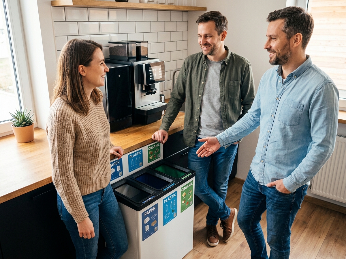 Collègues de bureau utilisant une station de tri sélectif dans la cuisine d'une salle de pause en entreprise