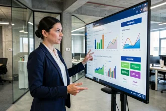 Stratège média digitale en agence Maxus analysant des tableaux de bord de campagne sur grand écran interactif