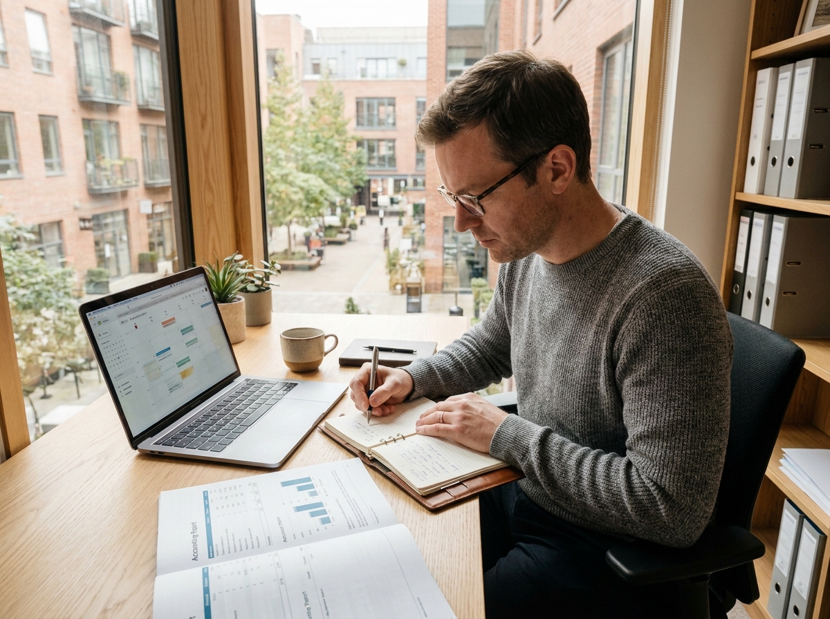 Chef d'entreprise d'une PME effectuant un suivi mensuel régulier des données comptables avec des notes manuscrites