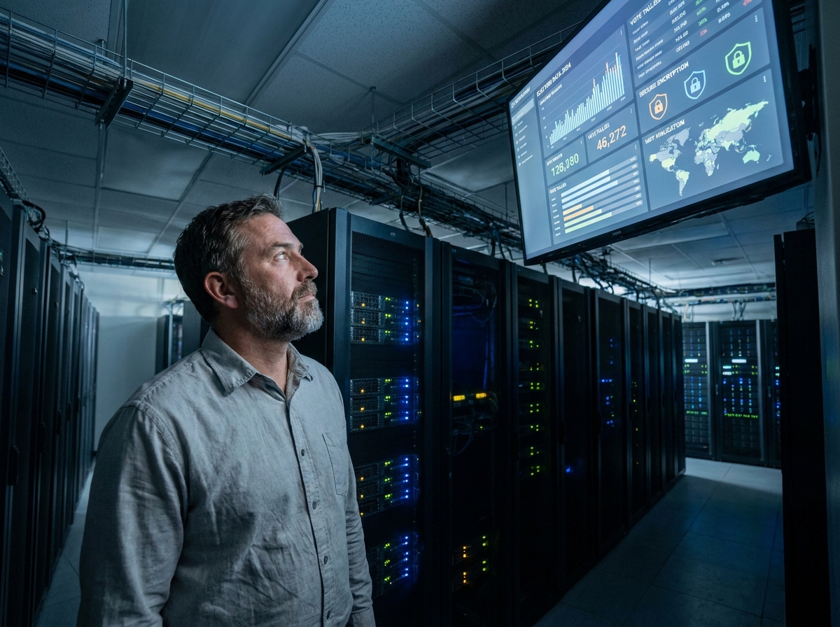 Technicien supervisant les résultats d'un scrutin électronique CSE sur des moniteurs dans une salle de serveurs sécurisée