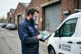 Technicien consultant un logiciel de planning d'interventions sur tablette près d'un véhicule de service