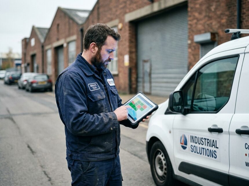 Technicien consultant un logiciel de planning d'interventions sur tablette près d'un véhicule de service