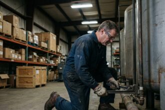 Technicien de maintenance vérifiant une tuyauterie en atelier industriel