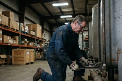 Technicien de maintenance vérifiant une tuyauterie en atelier industriel