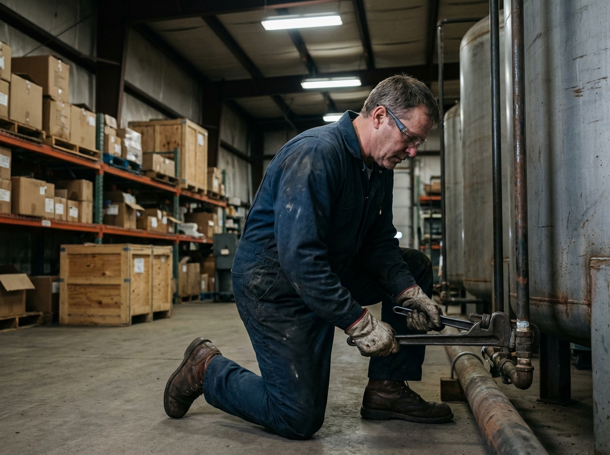 Technicien de maintenance vérifiant une tuyauterie en atelier industriel