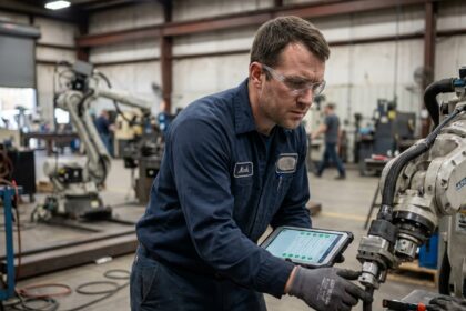 Technicien en atelier industriel inspectant un bras robotique dans le cadre d'une maintenance préventive des automatismes