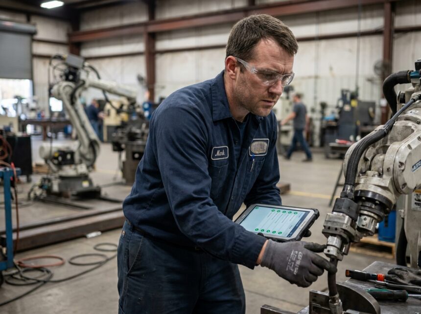 Technicien en atelier industriel inspectant un bras robotique dans le cadre d'une maintenance préventive des automatismes